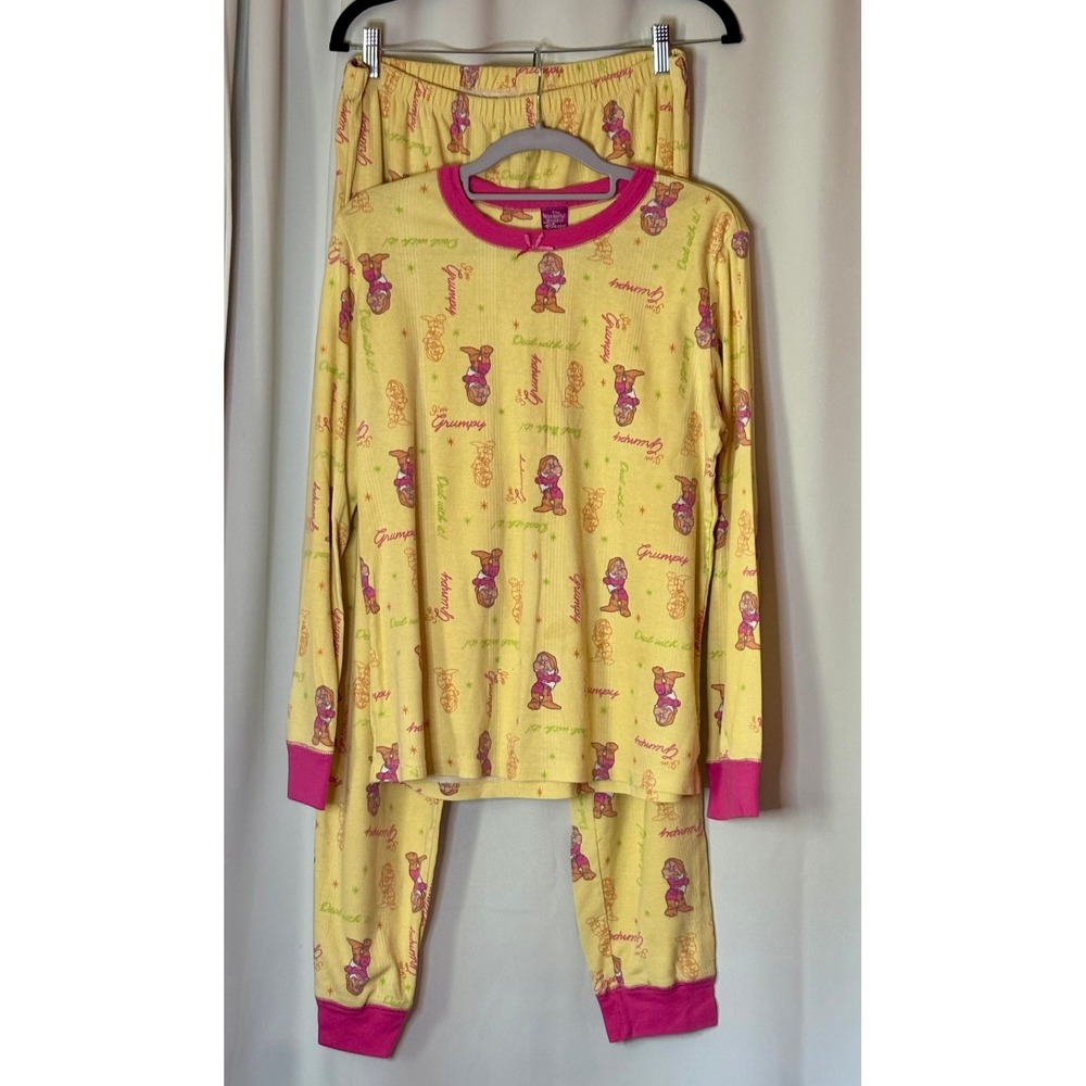 Vintage Y2K World of Disney Grumpy Yellow Pajama Set Ribbed Knit Womens L 12/14